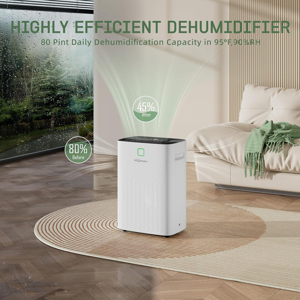 80 Pints Energy Star Dehumidifier Basement Home, Smart Silent Dehumidifier with Drain Hose, 1.32 Gal Water Tank