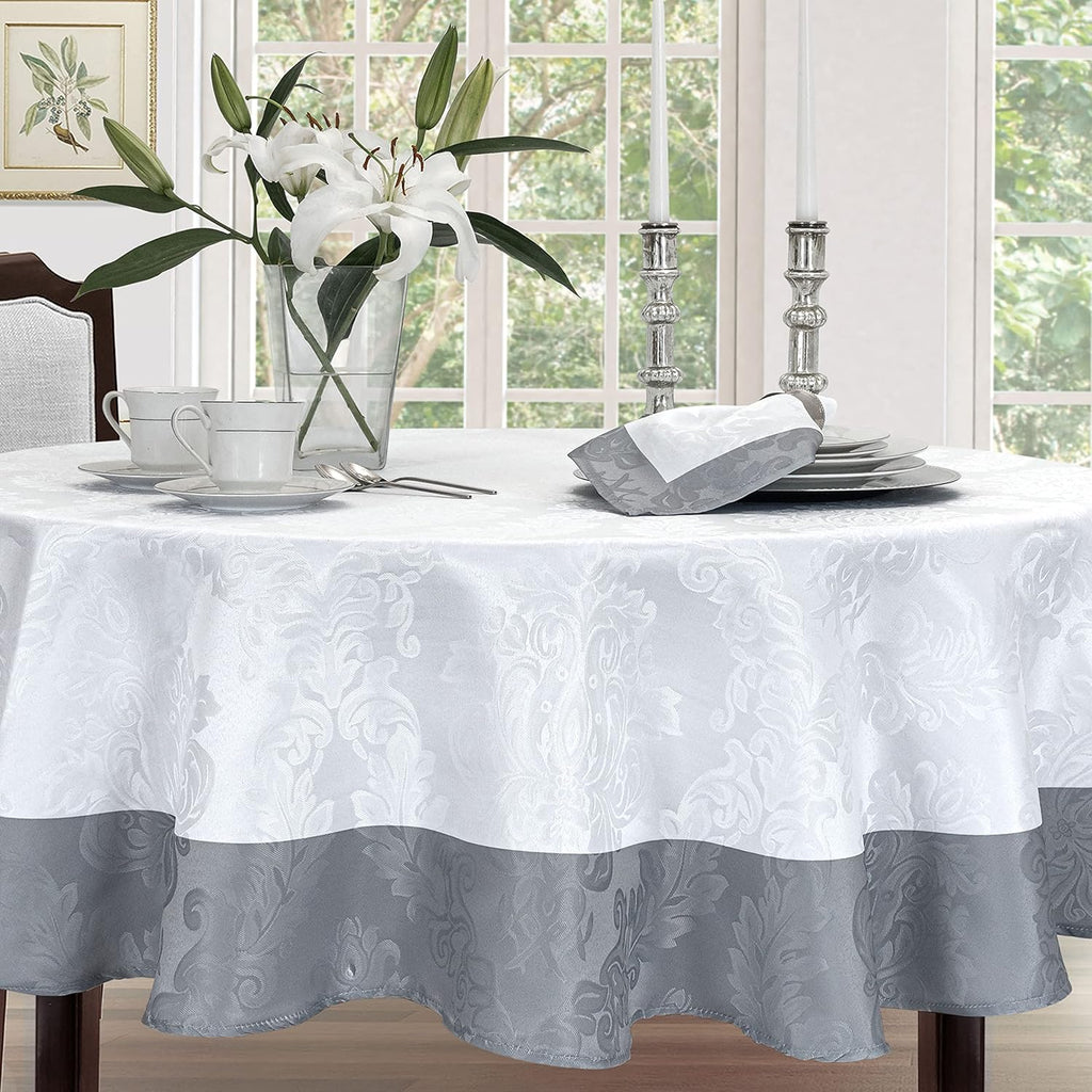 Valencia Two Tone Bordered Damask Fabric Tablecloth, Wrinkle and Stain Resistant Dining Room, Party 