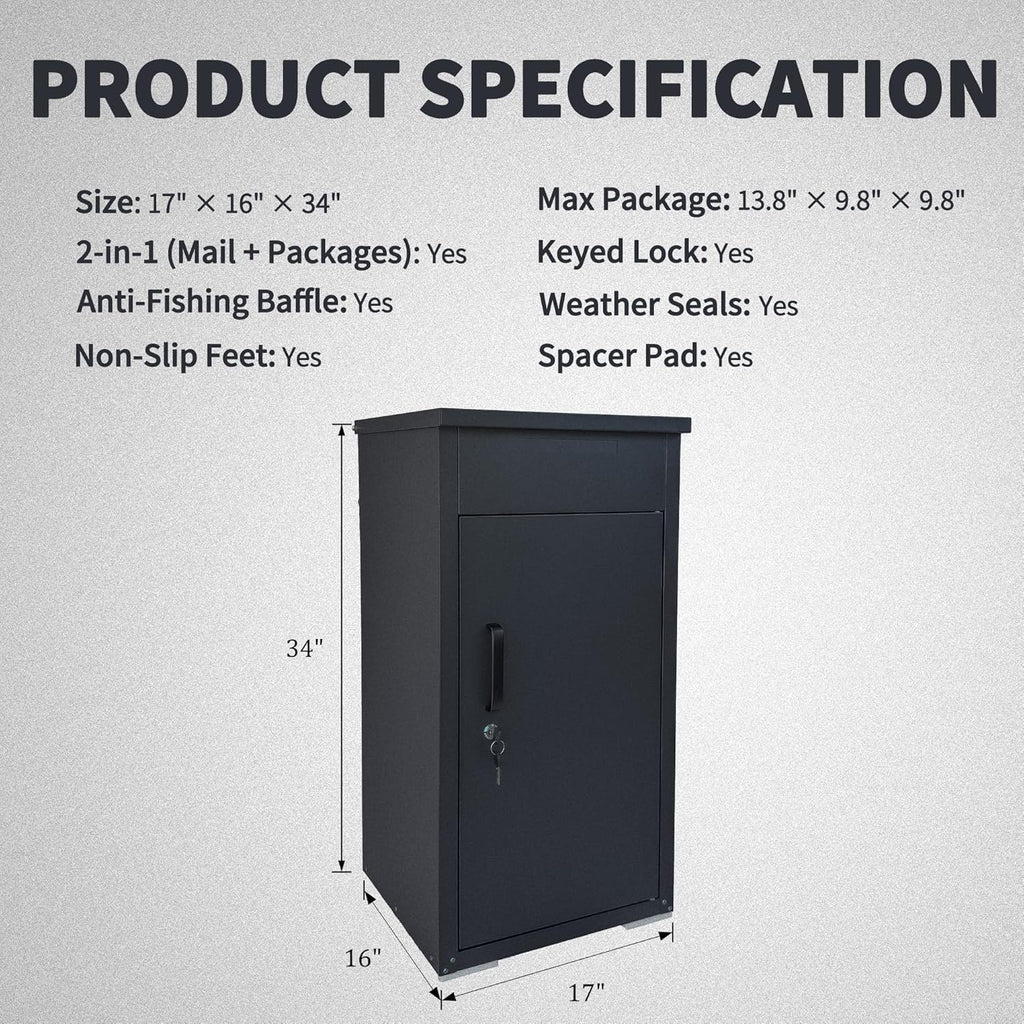 Package Delivery Boxes 34" Steel Mailbox for Parcel with Lock, Waterproof Amazon Drop Box with Anti Theft Mechanism