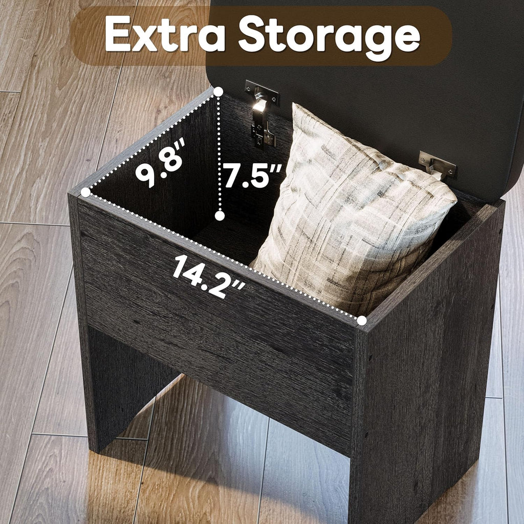 Small Vanity Desk with Mirror Lights and Storage Stool | Charcoal grey compact vanity with 3 light modes, charging