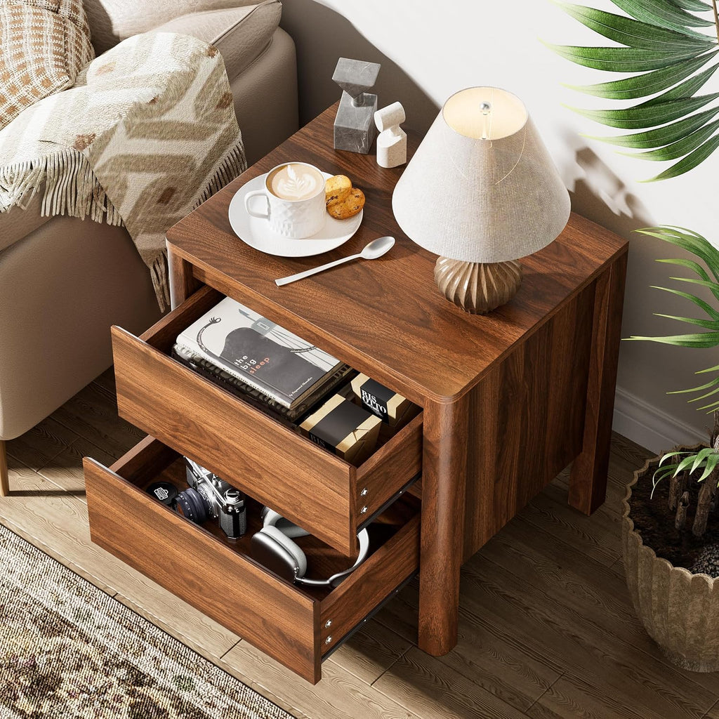 Mid Century Walnut Nightstand with 2 Drawers, Modern Wooden Bedside Table with Hidden Handles and Solid Wood Legs