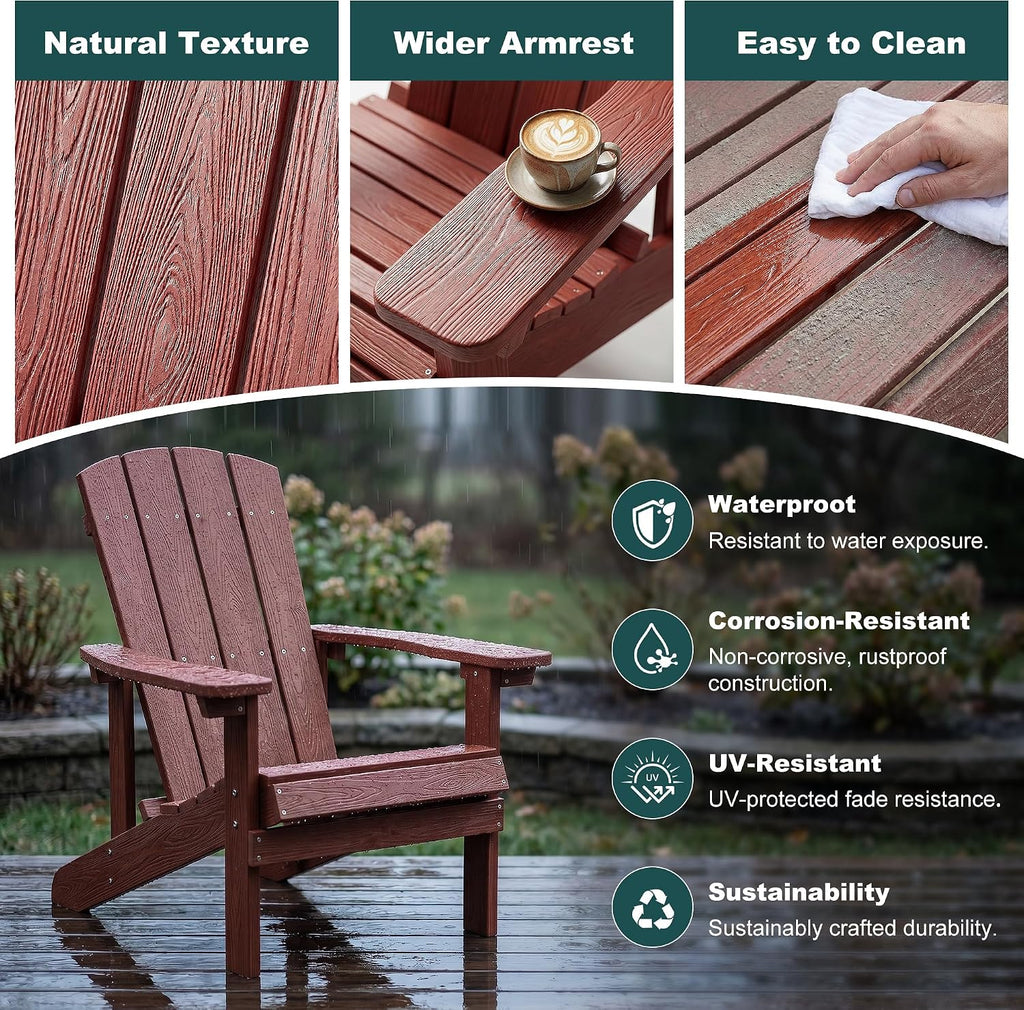 Adirondack Chairs Set of 2, Weather-Resistant Patio Chair with Wide Armrests & High Backrest, Fire Pit Chair, Lawn