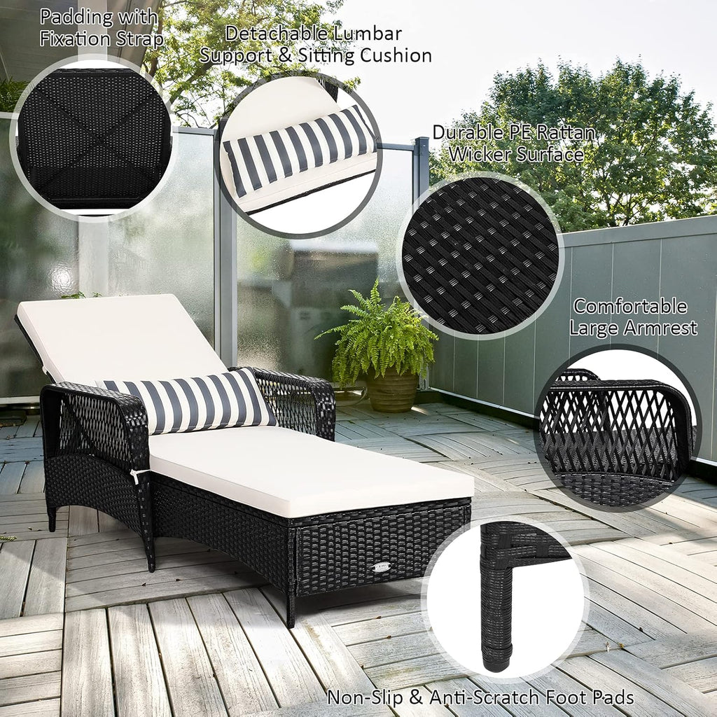 Wicker Chaise Lounge Outdoor, Patio Rattan Reclining Chaise with 6-Gear Adjustable Backrest