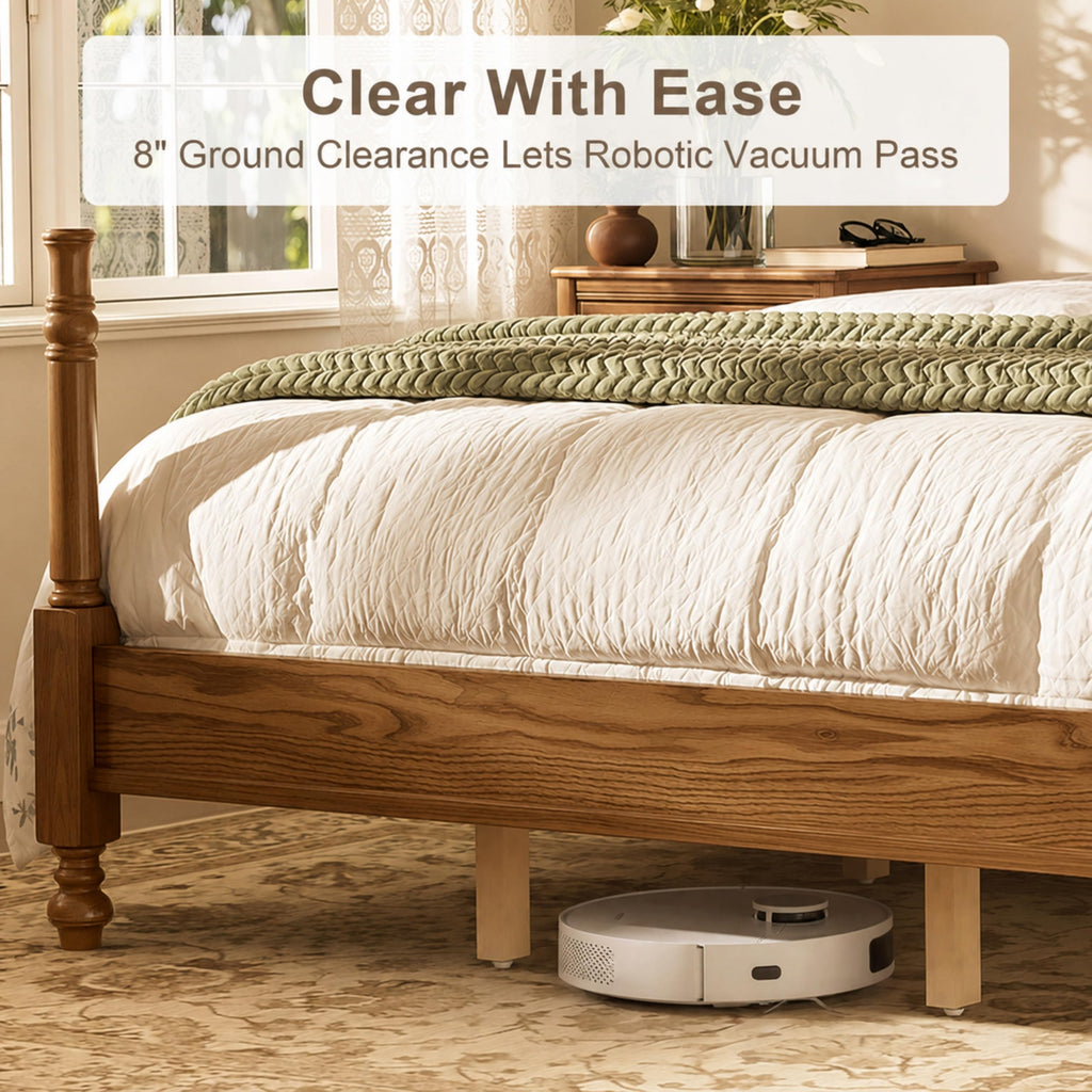 Vintage Wood Spindle Queen Bed Frame with Headboard, Light Walnut