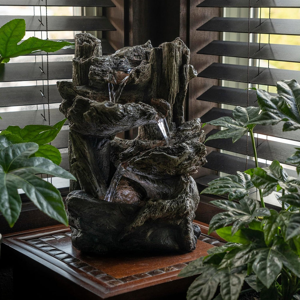 14"H Indoor Tiered Log Tabletop Fountain with LED Lights - Cascading Waterfall Design Creates Relaxing Ambiance Décor
