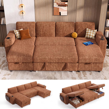 108" Modular Sectional Sleeper Sofa with Pull Out Bed, 4 Seat Chenille U Shaped Couch with USB Ports|Cup Holders|Side
