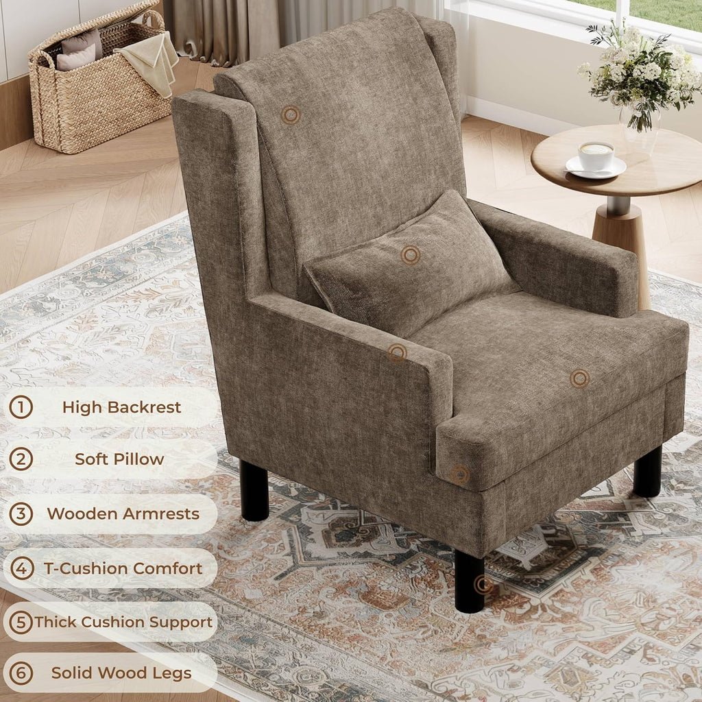 Wingback Accent Chair , Mid-Century Modern Reading Chair , Modern Chenille Upholstered Comfy Armchair with High Back