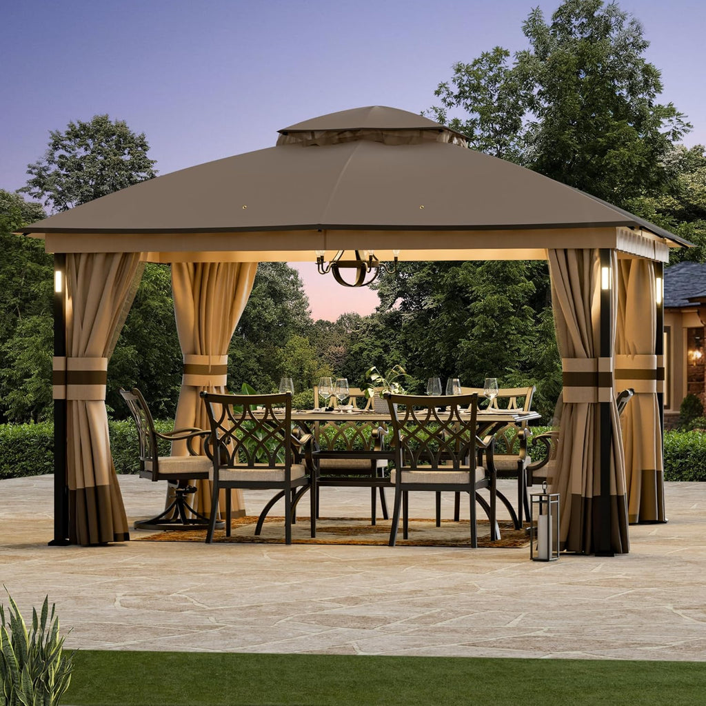 Patio Gazebo 11'x13' with LED Lights & Bluetooth Speaker, Heavy Duty Outdoor Canopy Shelter with Metal Frame - Khaki