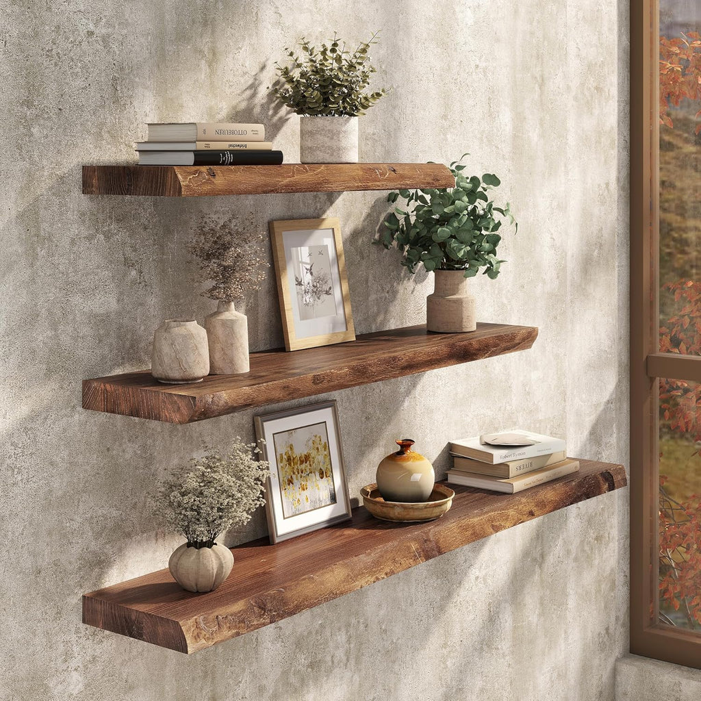 32 Inch Floating Wall Shelves Solid Elm Wood Set of 2 | Vintage Live Edge Wood Grain, Heavy Duty Hidden Brackets