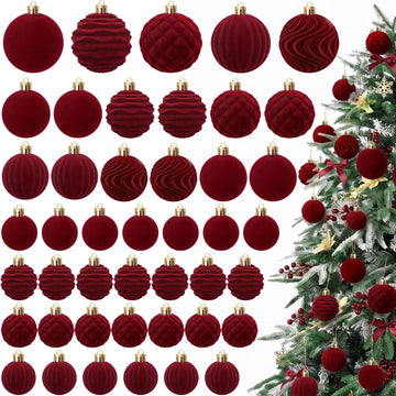 Burgundy Velvet Christmas Ball Ornaments for Tree Decor - Set of 44