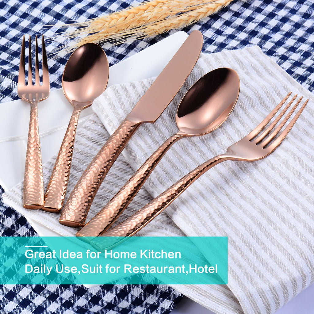Silverware Rose Gold Hammered Heavy Flatware Set Cutlery Set Stainless Steel Mirror Finished Utensil 20 Pieces Spoons