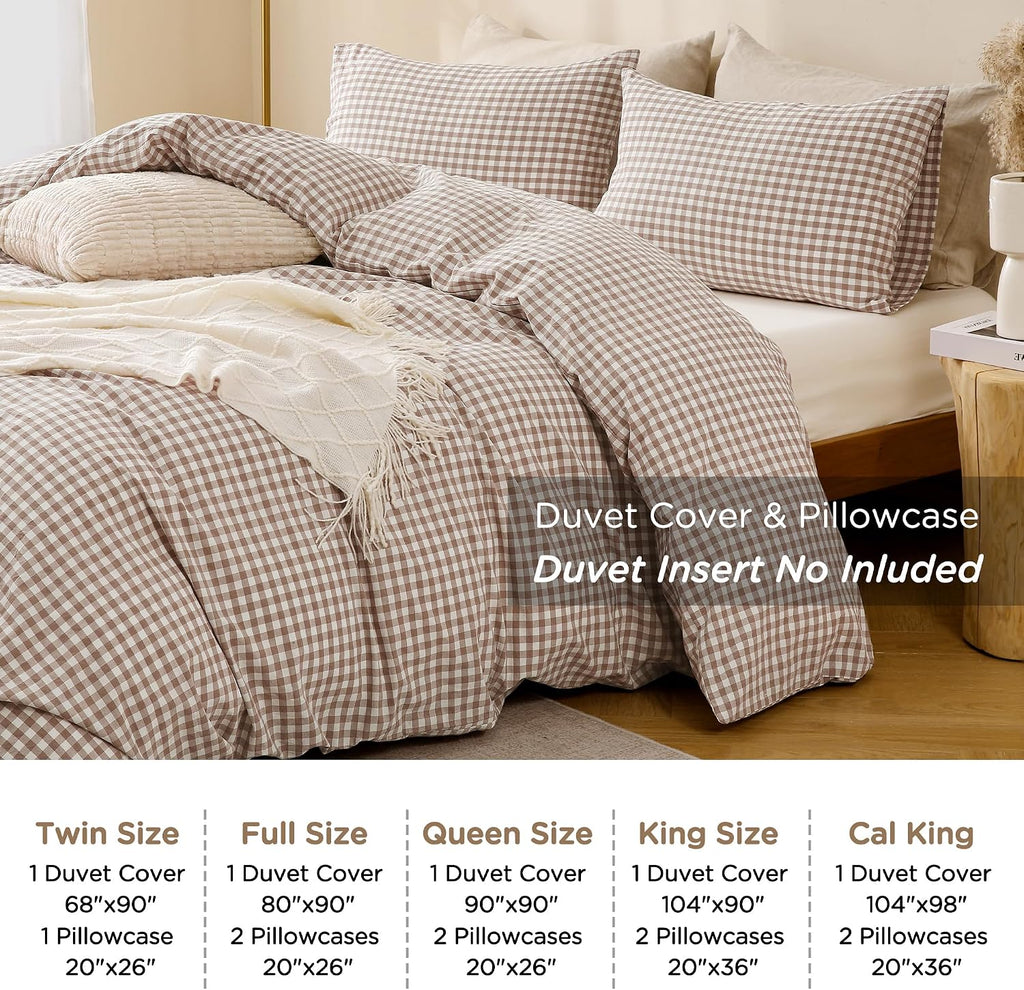 Tan Gingham Duvet Cover Bedding Set 100% Washed Cotton Like Linen Feel Super Soft Comfy 3 Piece Brown Vintage Plaid, King Size