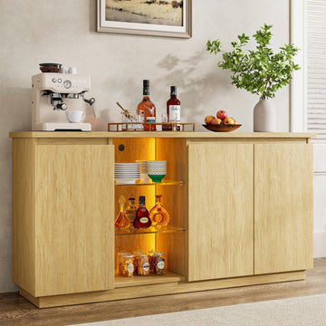 Sideboard Buffet Cabinet with Storage & LED Lights, Credenza Sideboard with Doors and Adjustable Shelves, 60" Coffee