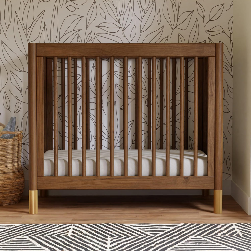 Gelato 4-in-1 Mini Crib, Natural Walnut and Brushed Gold Feet | GREENGUARD Gold Certified, Converts to Toddler Bed