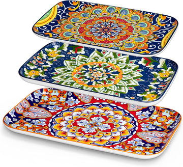 Serving Platters Set of 3, 16"/14"/12" In Rectangular Trays Boho | Ceramic Serving Dish for Entertaining Food