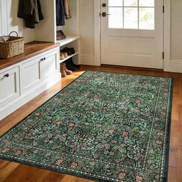 Dark Green Floral Entry Rug - 3x5 Soft Washable Bedroom Area Rug Non Slip Vintage Botanical Farmhous