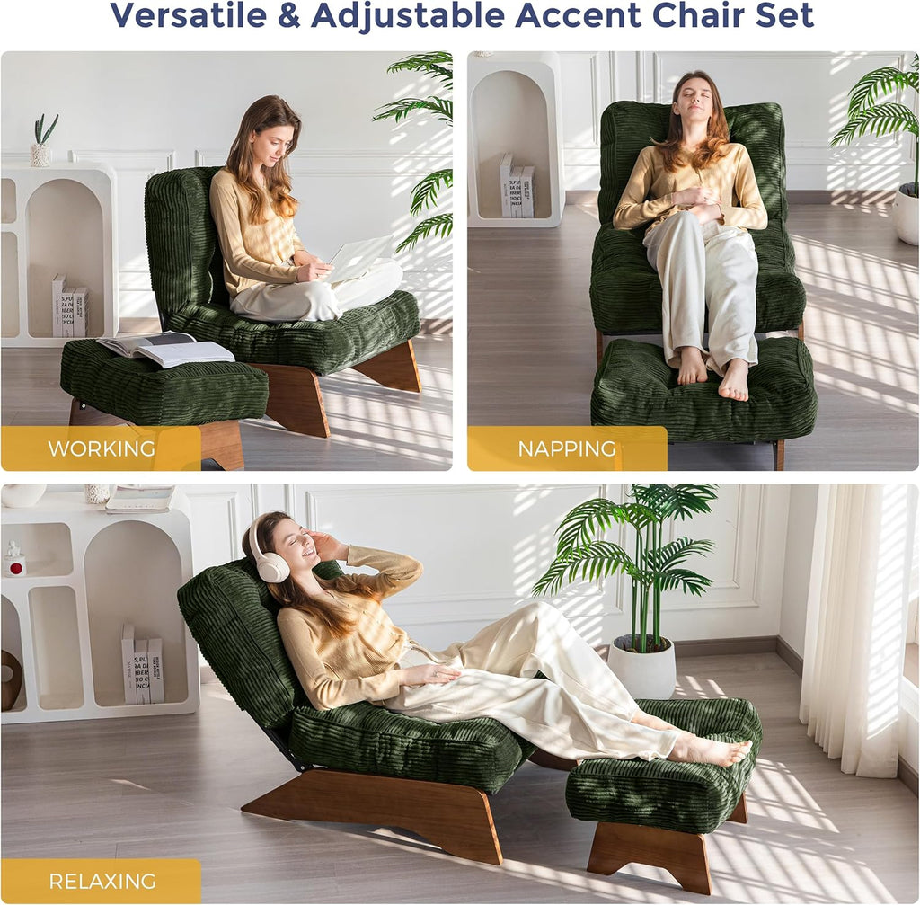 Accent Chair with Ottoman, Lounge Chair with Adjustable Backrest | Tufted Living Room Chair Upholstered Lounge Chair