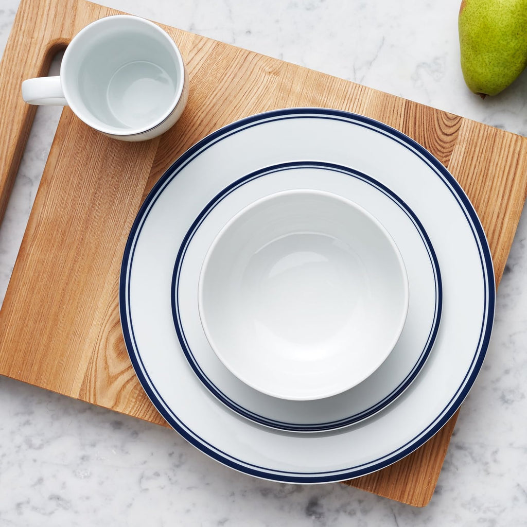 16-Piece Cafe Stripe Dinnerware Set, Microwave and Dishwasher Safe, Plates, Bowls, Mugs, Service for 4, Blue