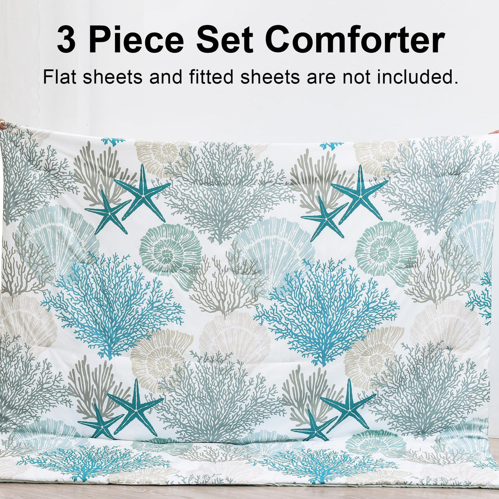 Coastal Comforter Set Queen Size 3 Piece, Soft Beach Themed Comforter, Ocean Nautical Lightweight Bedding Sets for
