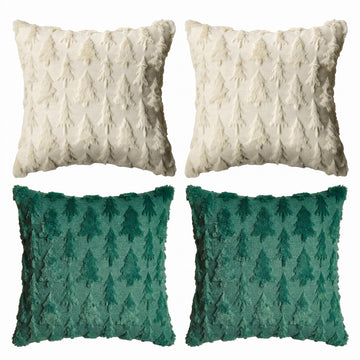Christmas Trees Beige Green Throw Pillow Covers Set of 4, 18 x 18 Inch Soft Plush Faux Fur Jacquard Festivals Winter