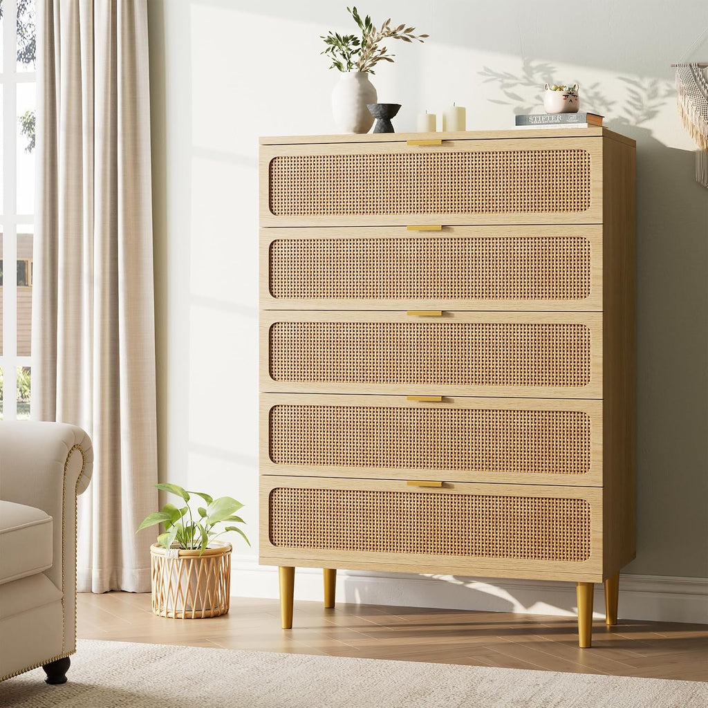 Rattan 5 Drawer Dressers , Tall Dresser with Deep Drawers, Large Chest of Drawers for Closet with Wide Top, Long