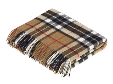 Wool Plaid Throw Blanket, Merino Labmswool, Camel Thompson Tartan, Made in UK