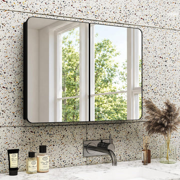 32x24 in Double Door Medicine Cabinet with Mirror, Matte Black | Fully Assembled; Recessed or Surface Wall Mount;