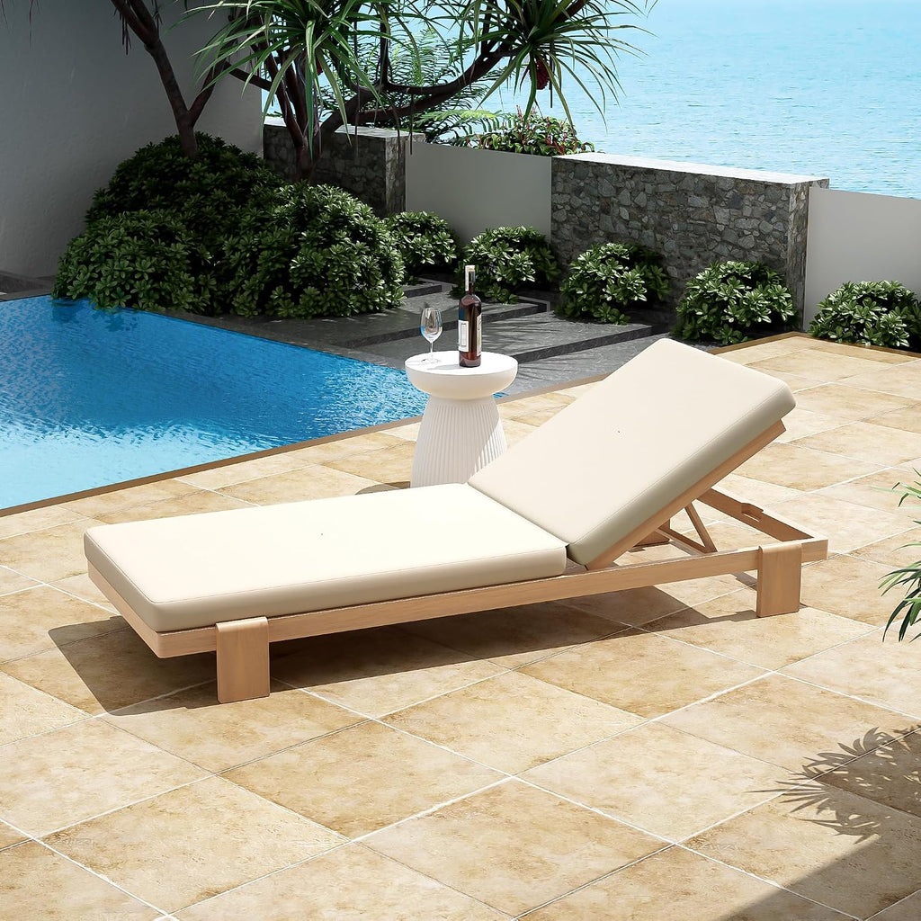 Acacia Wood Chaise Lounge Chair Outdoor, Patio Outdoor Chaise Lounge with Cushions, Adjustable Backrest Single