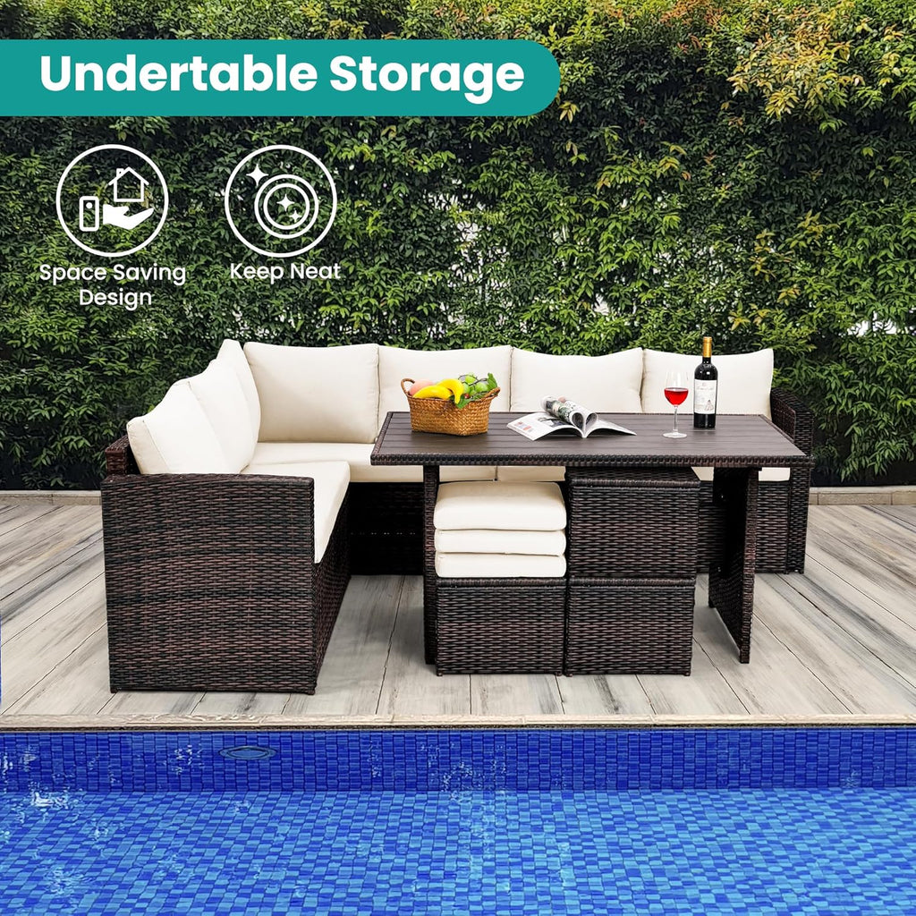 Patio Furniture Set, 7 Pieces Outdoor Patio Furniture with Dining Table&Chair, All Weather Wicker Conversation Set