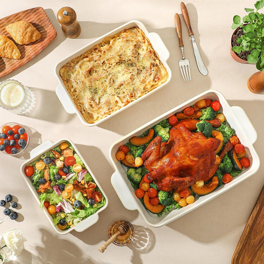 Casserole Dishes for Oven, Beige Ceramic Dish Set of 3 | 9x13" Rectangular Lasagna Pans Casserole Dish Set for