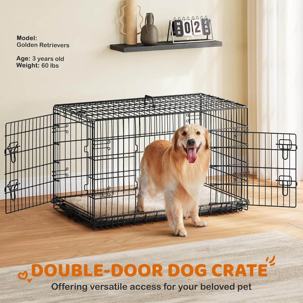 42 inch Double Door Dog Crate w/Divider for Puppy to Adult XL Collapsible Metal Crate with Removable Tray Wire Dog