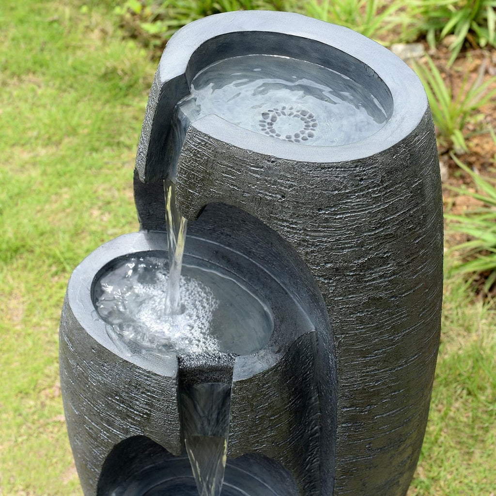 3-Tier Cascading Urn Outdoor Water Fountain - Cool Glow Lighting with Adjustable Flow & Electric Pump, Black