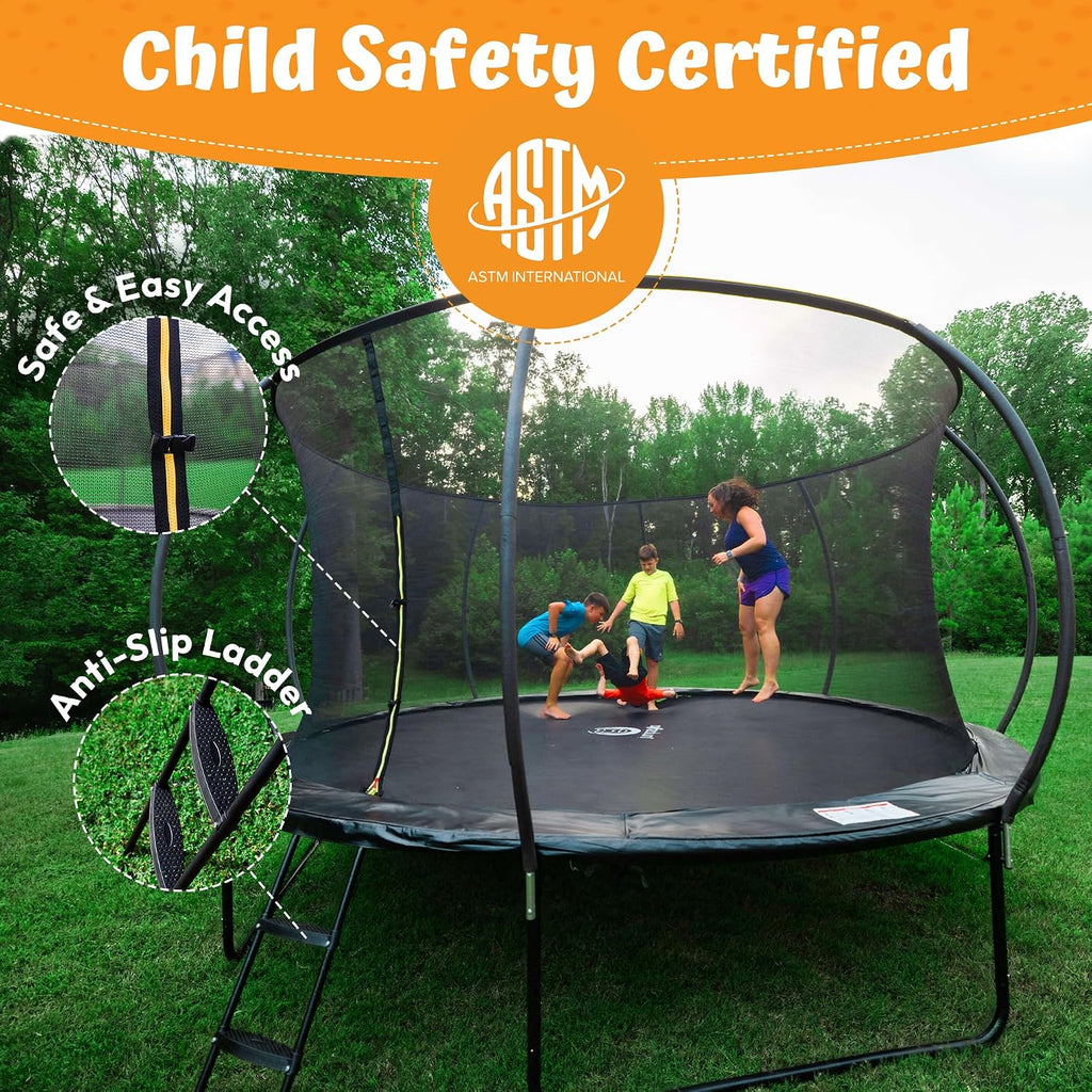 Trampoline with Net for Kids 8FT 10FT 12FT 14FT 15FT 16FT | ASTM-compliant trampoline with enclosure, non-slip