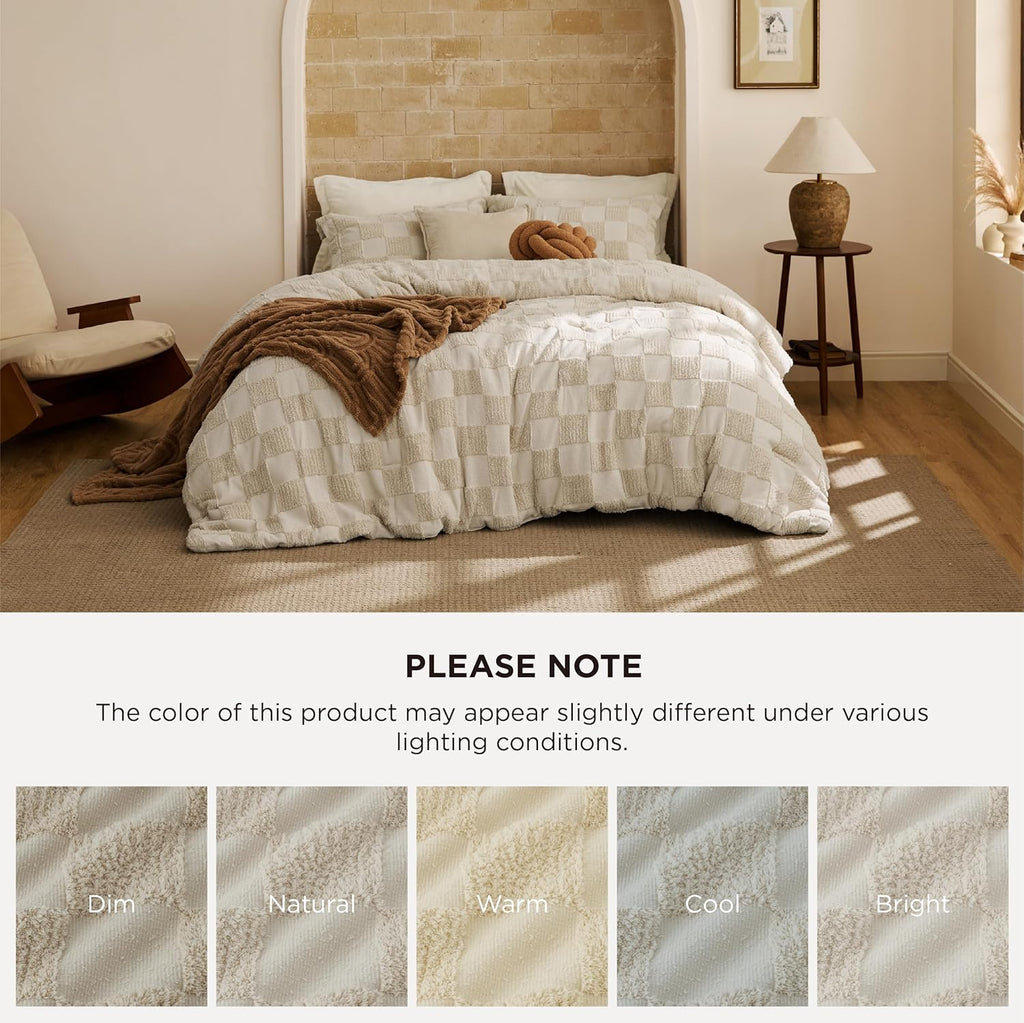 Comforter Set Beige, Boho Tufted Bed Set, Checkered Farmhouse Shabby Chic Bedding, 3 Pieces