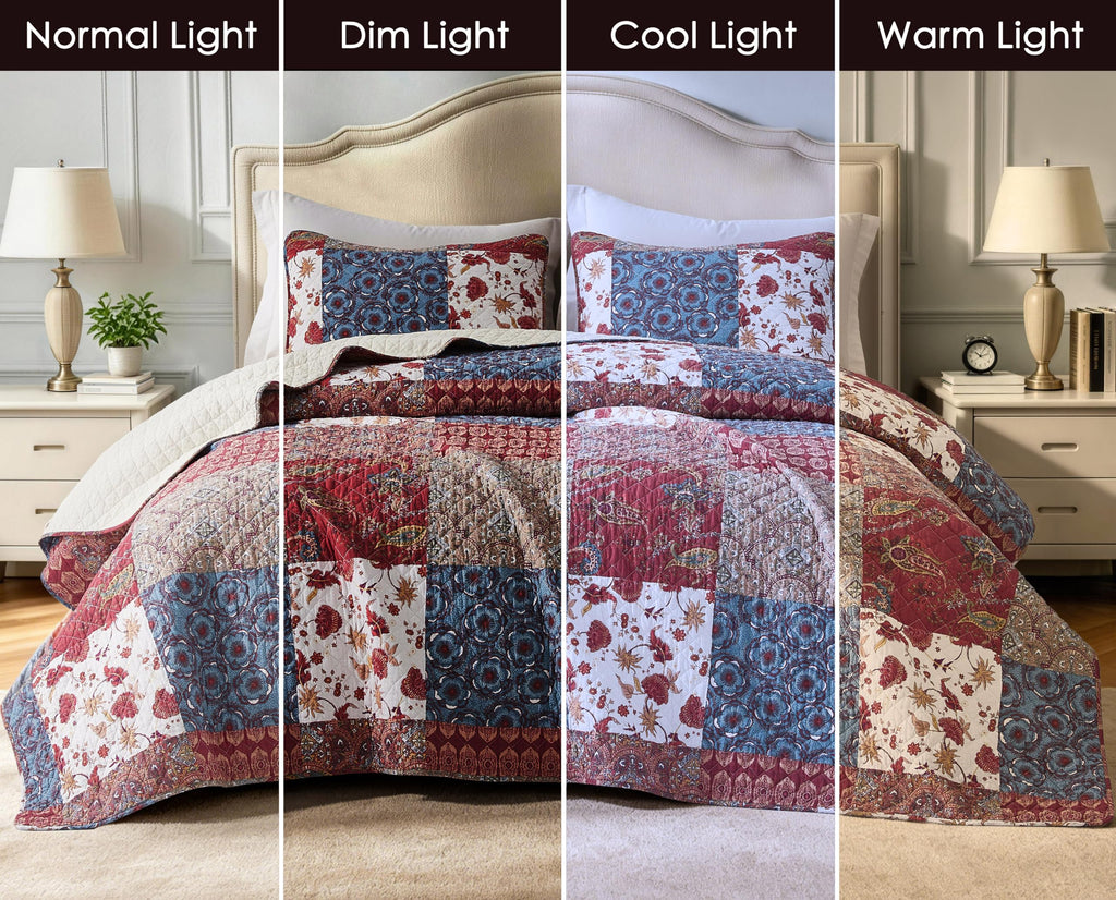 Rowan 3-Piece Cotton Quilt Set, Oversized King Size, Printed Patchwork Bedspread with Vintage Floral Paisley
