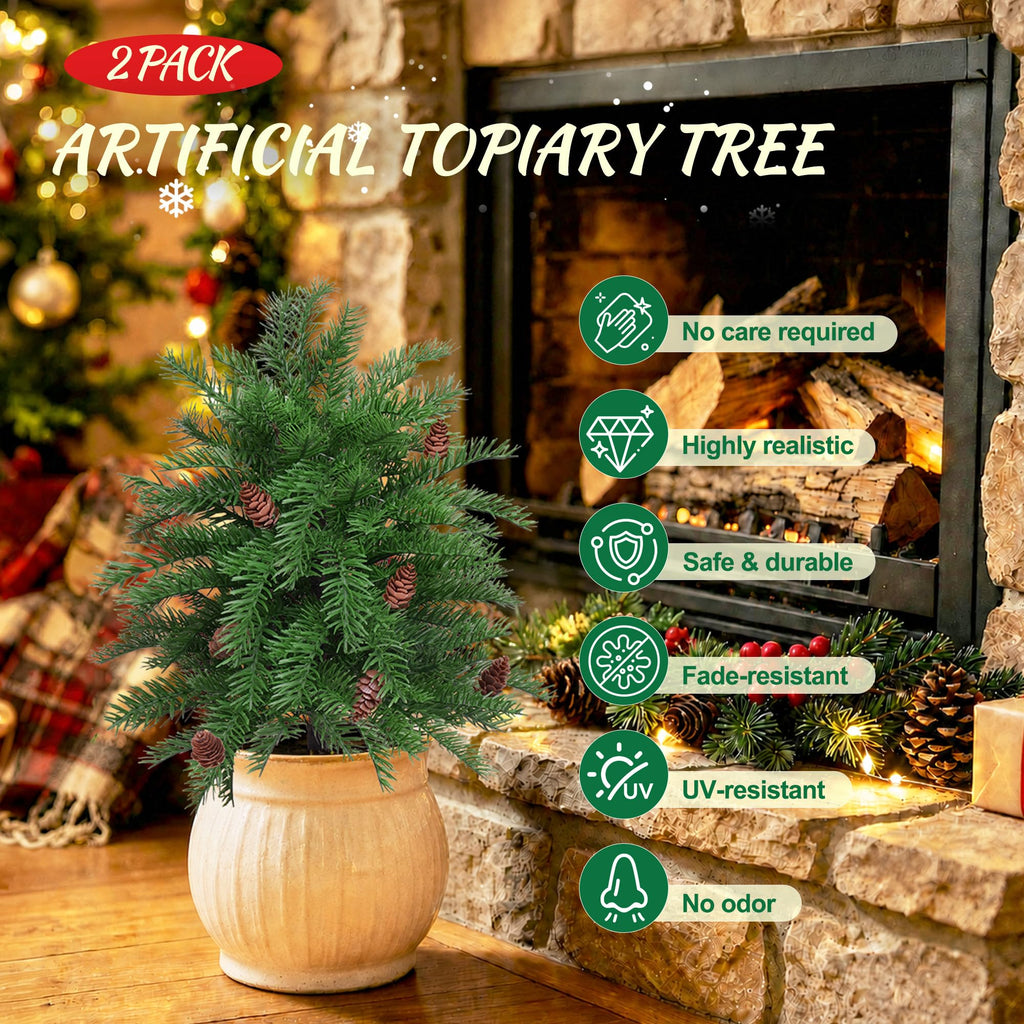 2 Pack Artificial Cedar Topiary Ball Trees with Ground Spike, 24"
