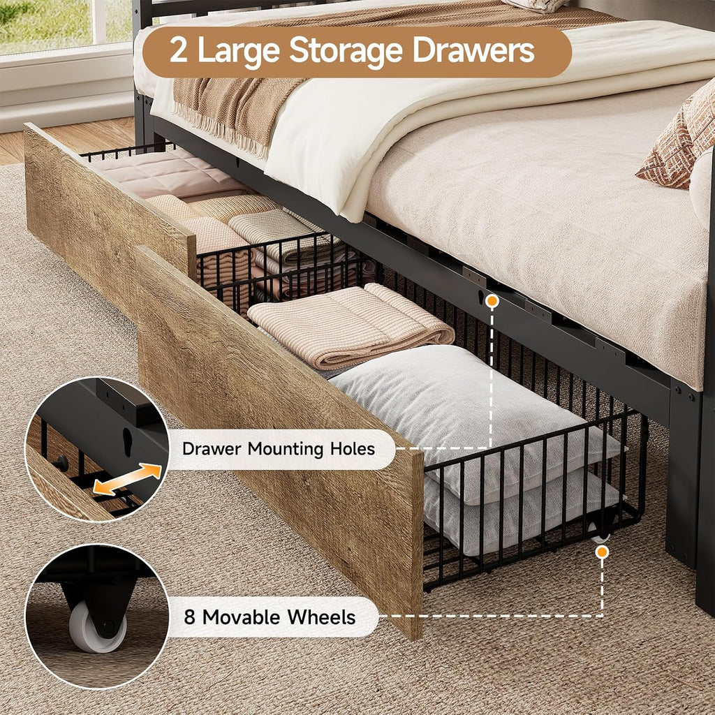 Twin to King Daybed, Convertible Sofa Bed with Trundle, Black | with Power Outlet, Padded Headboard, Storage Drawers