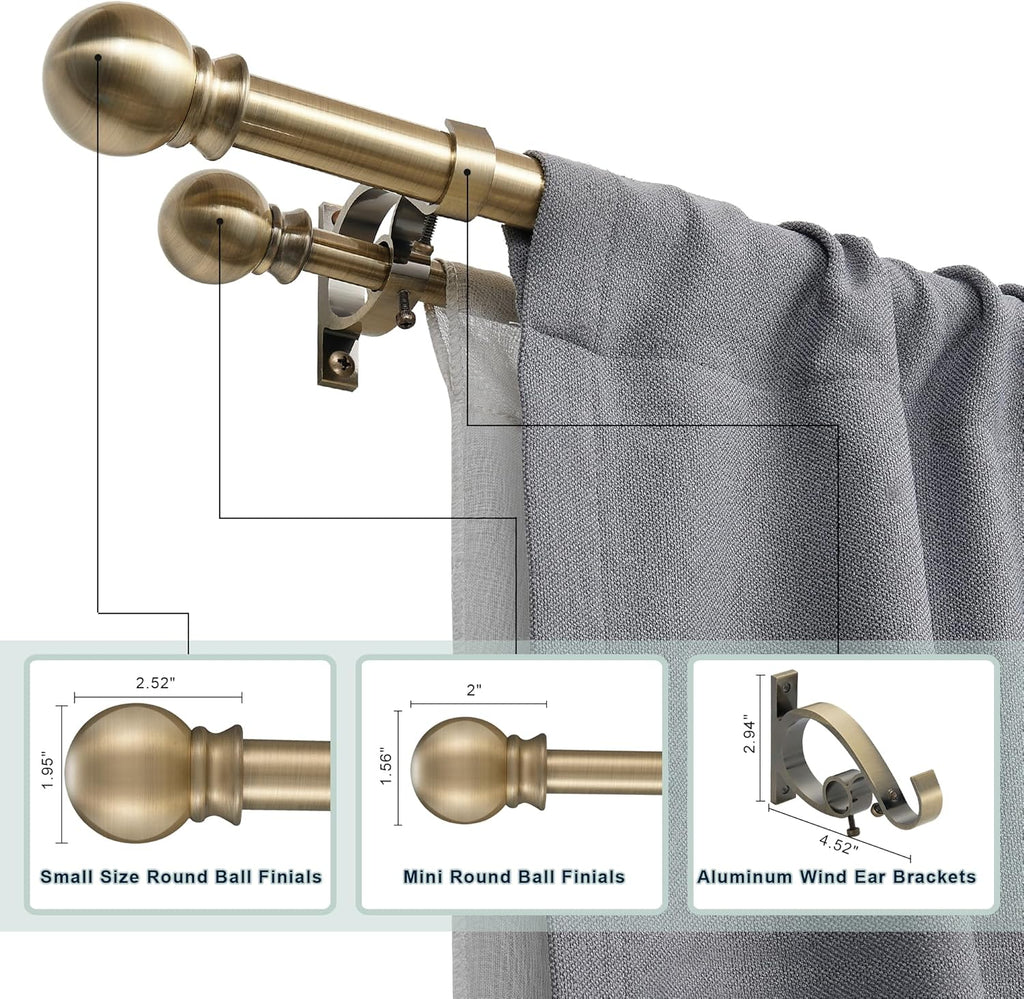 Antique Bronze Double Curtain Rods,1''Front and 5/8''Back Double Drapery Rod with Small Round Ball and
