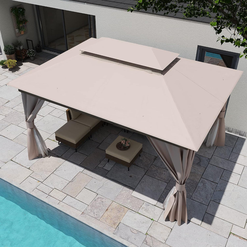 10'x13' Outdoor Gazebo, Metal Frame Heavy Duty Patio Canopy Tent Shelter with Double Roofs - Khaki