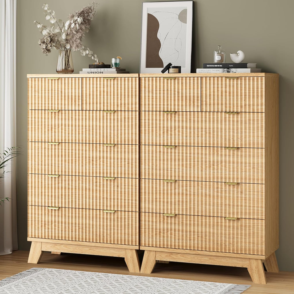 Fluted Dresser with 6 Drawers, 46" Tall Modern Chest of Drawers with Metal Handle, Wooden Dresser TV Stand, Wood
