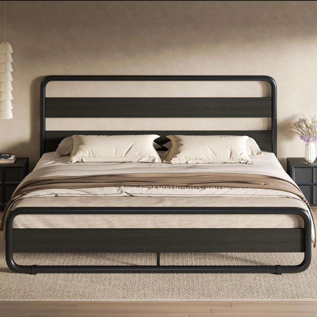 King Metal Bed Frame with Wooden Headboard and Footboard, Heavy Duty Platform Bed Frame with 10" Under-Bed Storage