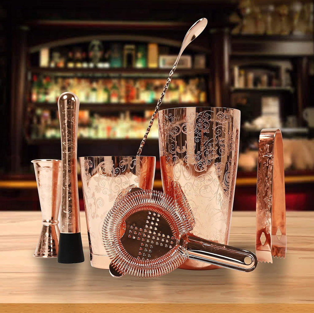 Bartender Kit Cocktail Shaker Set- Stainless Steel Copper Plated Etching Bar Tools with Boston Shaker - Set of 6