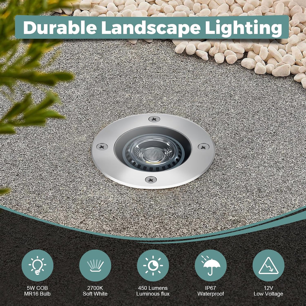 Low Voltage Landscape LED Well Lights, 12V in Ground Lights Outdoor IP67 Waterproof, 5" Tall Wired Landscape Up