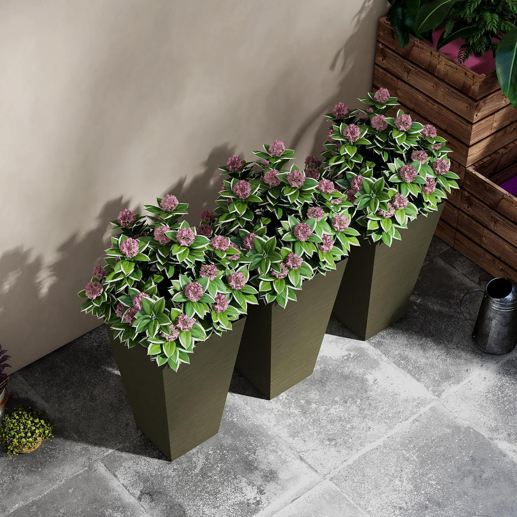 Outdoor Planters,Set of 3 Taper Planters with Drainage Holes and Plug,Faux Wood Flower Pots for