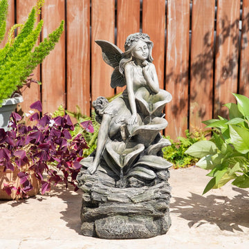 Water Fountain Fountain with Lights & Pump, 22.75" H 4-Tiered Concrete Fairy Polyresin Cascading Waterfall Floor