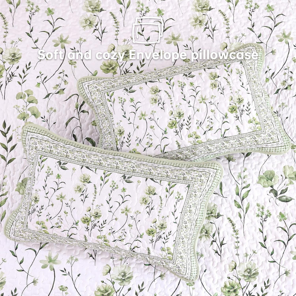 Floral Quilt Set, Sage Green Bedspread Set with 2 Pillowcases, Microfiber Lightweight Flowers Botanical Coverlet