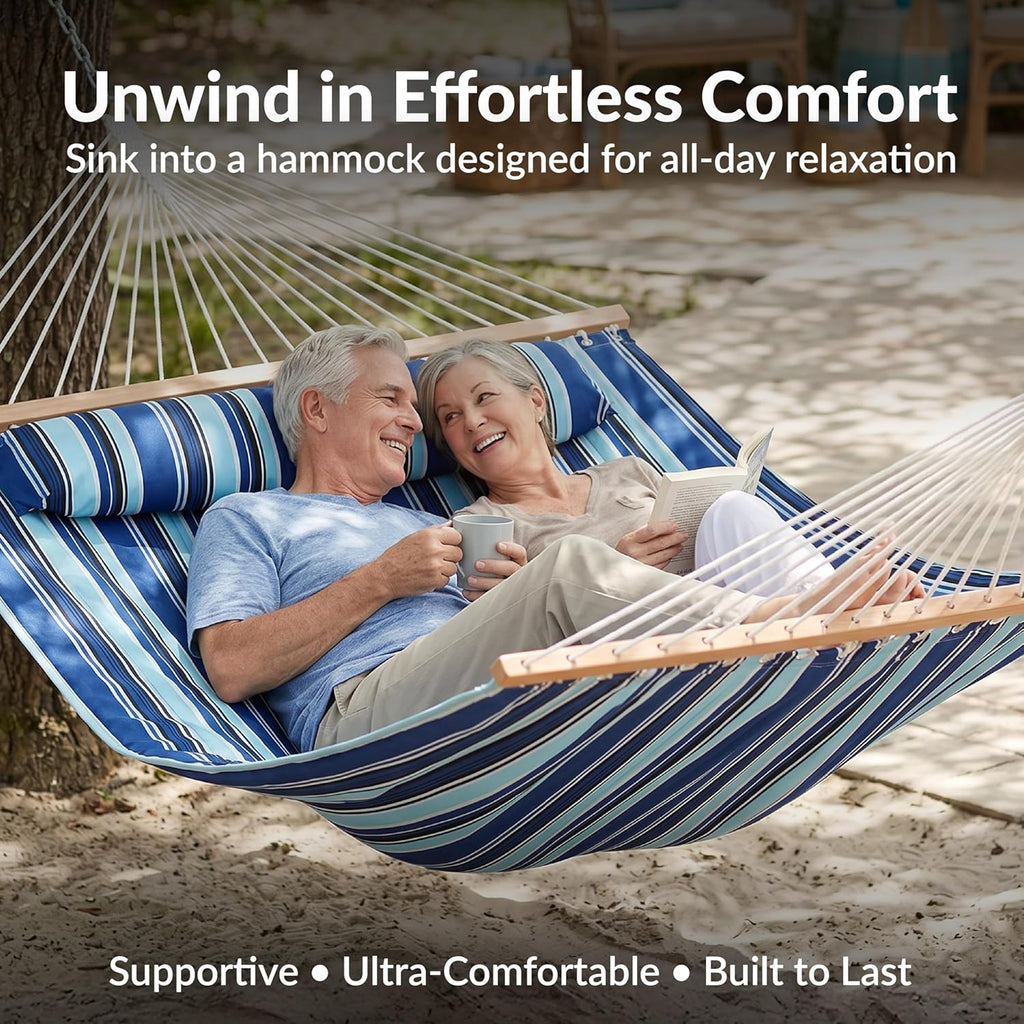Quilted Double Hammock with Stand for Outside, 440 lb Capacity | Catalina Beach, UV-Resistant, Universal Black Steel