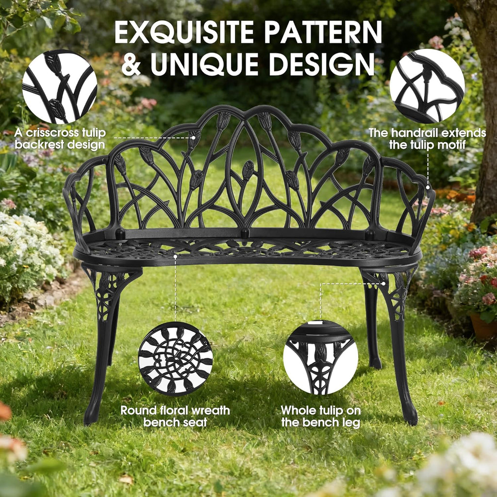 Outdoor Bench, Cast Aluminum Double Seating with Backrest and Armrests, Mental Outdoor Furniture , Porch, Garden
