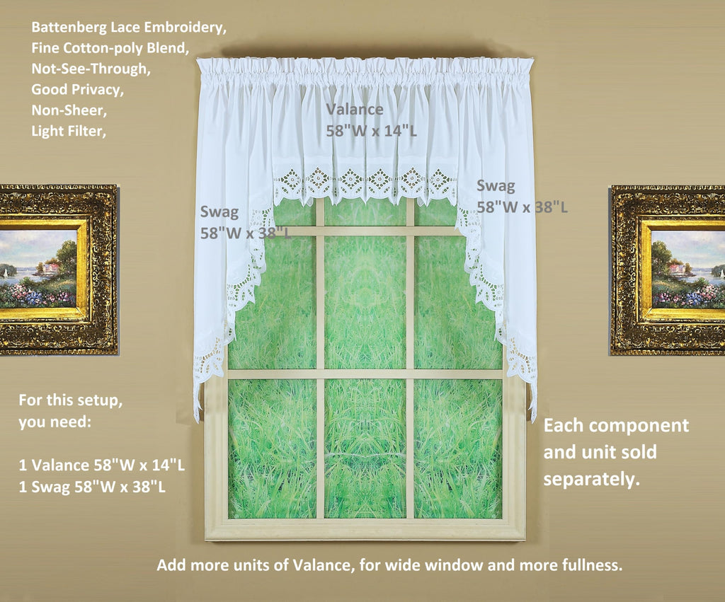 Heirloom Battenberg Eyelet Swag 38", White, 58" W x 38" L