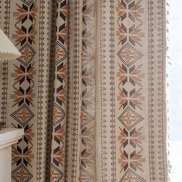 Boho Curtains 63 Inch Length 2 Panels Geometric Patterned Drapes Bohemian Semi Sheer Rod Pocket Tassel Short Window